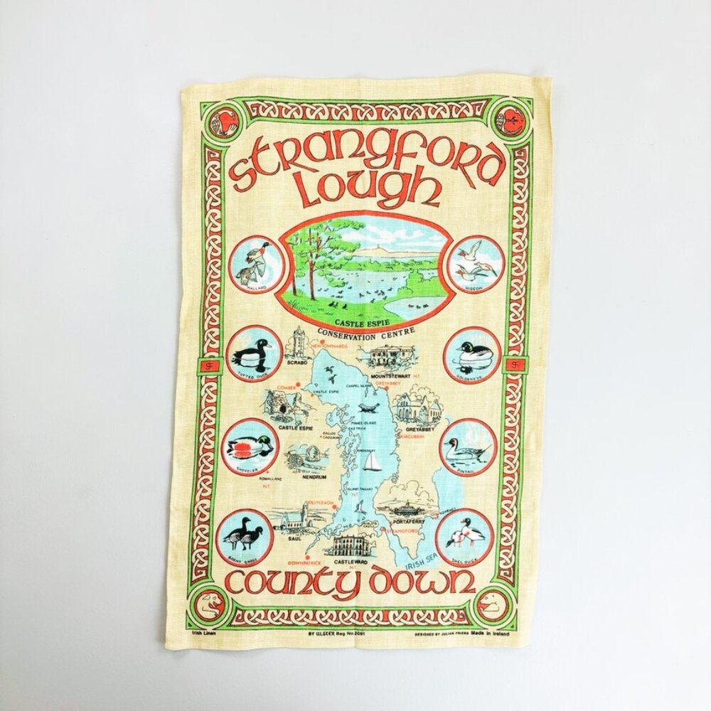 ULSTER Vintage Linen Tea Towel Strangford Lough Ireland Map Julian Friers